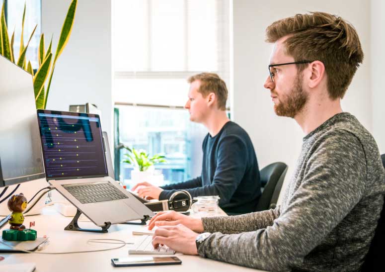 two person using laptop|reseraching